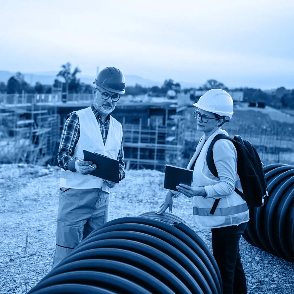 Construction workers with hard hats and hi-vis vests reviewing plans on a clipboard at a construction site with large pipes in the foreground.