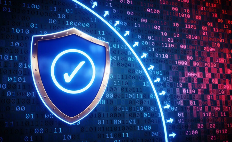 Illuminated blue shield with a check mark on a digital background representing cybersecurity and data protection, with binary code and arrows symbolizing encrypted data flow and secure information transfer.