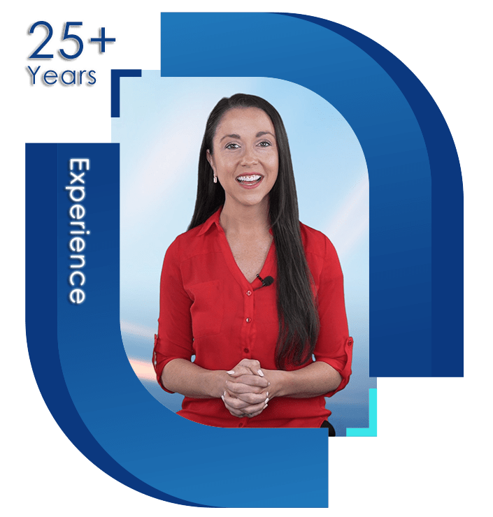 Professional woman with long hair smiling in business attire, overlay with text "25+ Years Experience", denoting expertise and reliability in a service or profession.