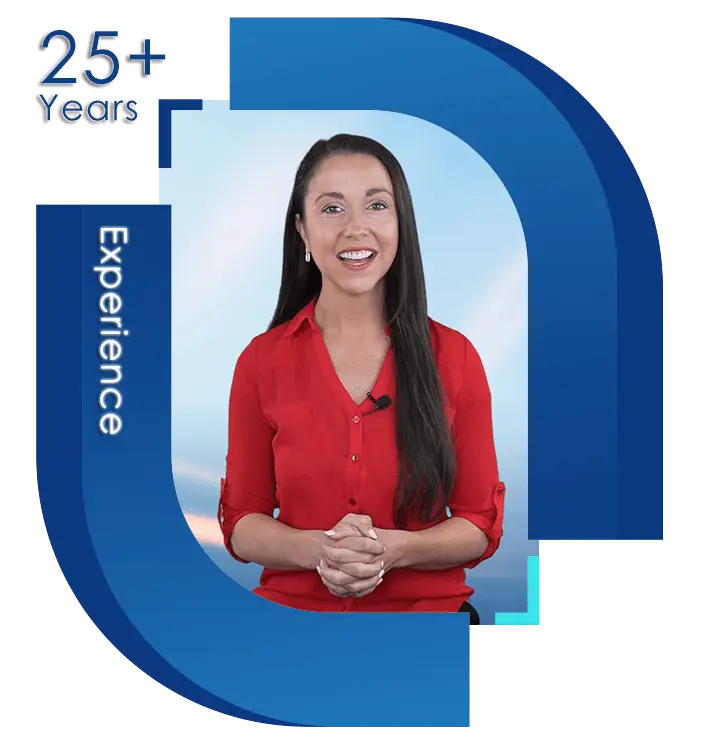 Professional woman with long hair smiling in business attire, overlay with text "25+ Years Experience", denoting expertise and reliability in a service or profession.