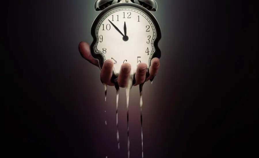 Surreal concept of hands holding a melting clock with dripping numbers, symbolizing the fluidity of time and the concept of time slipping away.