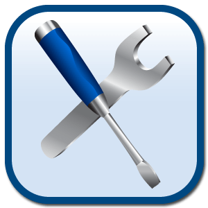 Crossed silver wrench and screwdriver icon in a square with rounded corners, indicating tools, repair, or customization.