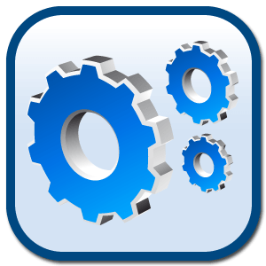 Blue gears icon in a square with rounded corners, representing settings or machinery.