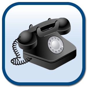 Classic black rotary phone icon in a square with rounded corners, symbolizing communication or contact information.