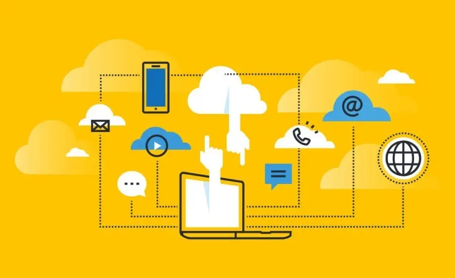 Graphic design showcasing cloud computing elements with technology icons for mobile devices, email, and laptop against a vibrant yellow background, symbolizing innovative cloud services and connectivity.