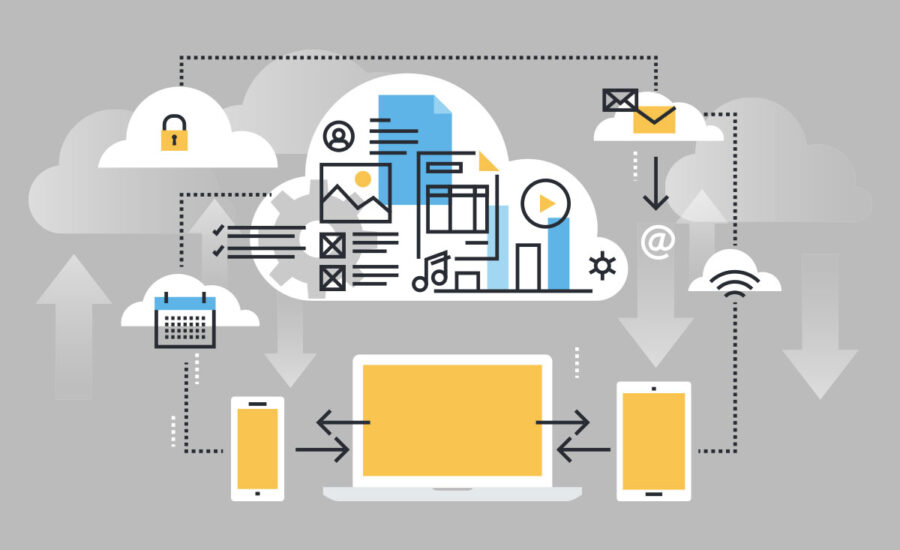 Illustration of cloud computing concept with connected devices, showcasing data encryption, storage solutions, and network connectivity for digital security and information technology services.